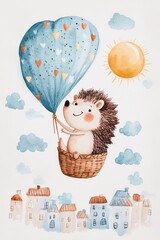Cute hedgehog in hot air balloon floating above whimsical town with sun and clouds
