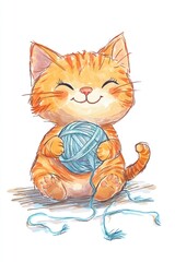 Adorable cartoon orange tabby kitten playing with blue yarn ball