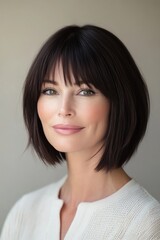 Fototapeta premium Woman with short hair and natural makeup posing indoors in soft lighting during the day, showcasing a relaxed and confident expression
