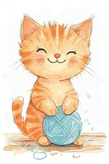 Adorable watercolor kitten playing with blue yarn ball