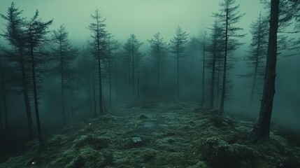 Obraz premium Dark forest environment featuring many tall trees and heavy fog