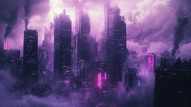 Dystopian cityscape, towering skyscrapers, dark clouds, glowing neon signs, oppressive atmosphere motif cyberpunk, architecture style brutalist, color scheme neon purples.