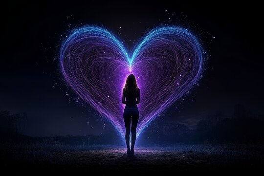 A woman standing in nature with vibrant energy flowing from her heart, connecting to the universe