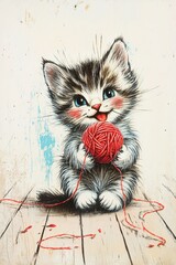 Playful kitten with red yarn ball on wooden floor