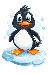 Adorable cartoon penguin standing on ice with bubbles in the background