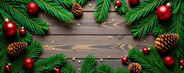 Christmas greenery flatlay Fir, cones on wood , stock photo, celebration, needle