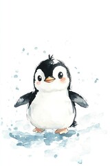 Adorable watercolor penguin chick with snowy background