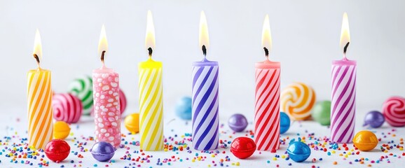 Sweet birthday candles with a white background, candy decorations, and room for text