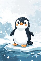 Cute cartoon penguin on icy landscape with snowflakes in arctic setting