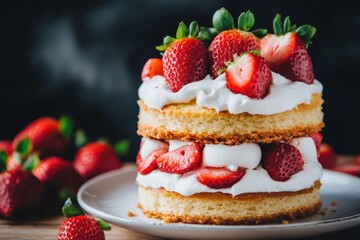 Delightful strawberry shortcake layered with whipped cream and fresh berries on a rustic table