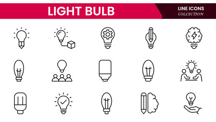 Light bulb idea line icons. Vector electric energy lamps and lightbulbs isolated outline symbols for creative solution, idea, innovation and inspiration concept.