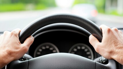 Secure Driving Concept - Hands Gripping Car Steering Wheel with Realistic Depth of Field, Copy Space for Text