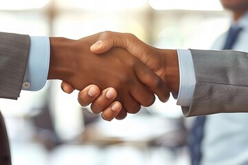 A Dynamic Scene: Two Accomplished African American Business Professionals Sealing the Deal with a Handshake, Exemplifying Professionalism and Collaboration