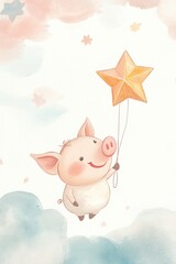 Cute piglet holding star balloon in dreamy sky with soft clouds