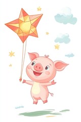 Cheerful piglet holding star balloon amidst clouds in whimsical sky scene