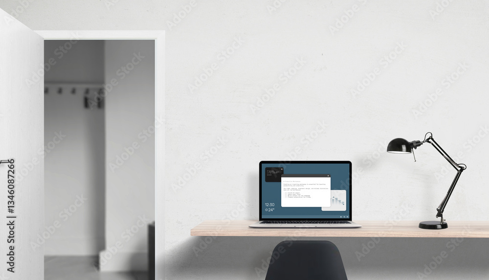Aufkleber Minimalist workspace with a laptop and desk lamp, programming screen displayed, office entrance to another room on the left, ideal for IT and software development concepts