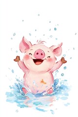 Joyful cartoon pig splashing in water with raised arms and bubbles around