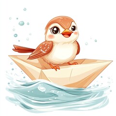 Cute cartoon sparrow on paper boat in water with bubbles