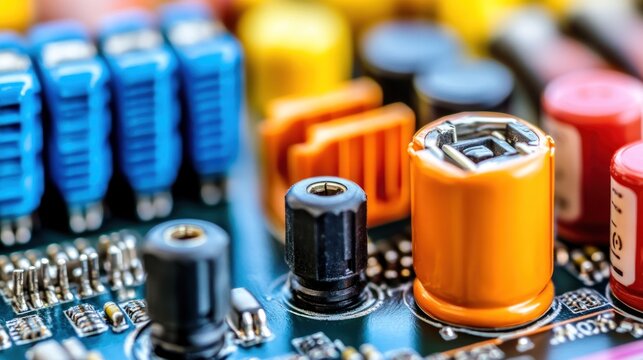 Close-up of colorful electronic components on a circuit board.
