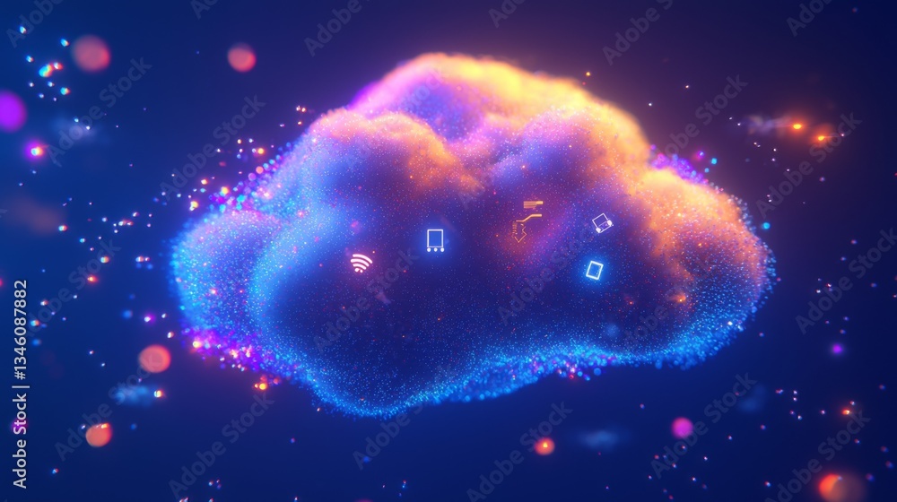 Poster colorful cloud with digital icons and lights representing cloud computing, technology, and data conn