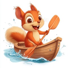 Cheerful cartoon squirrel rowing wooden boat with paddle on water