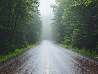 Naklejka premium Rainy Forest Road for Misty Path Ahead.