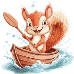 Cute cartoon squirrel paddling in wooden boat with splashes of water
