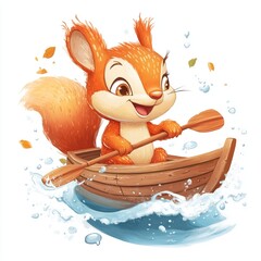 Cute cartoon squirrel paddling a boat amidst water splashes and autumn leaves