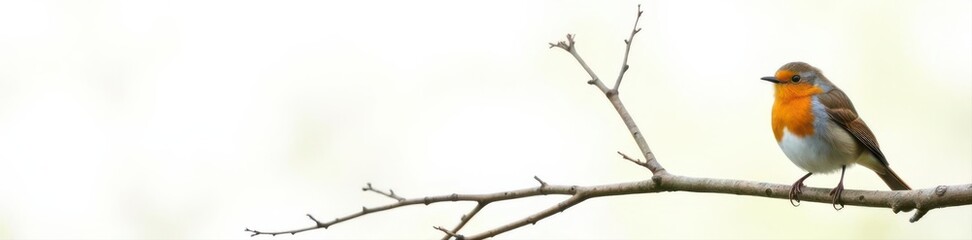 Fototapeta premium European Robin on tree branch against white backdrop , vertebrate, white background, robin