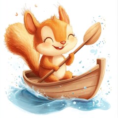 Cheerful cartoon squirrel paddling canoe on splashing water adventure