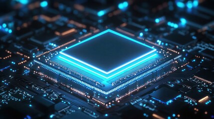 Obraz premium Futuristic Microchip: Glowing Blue CPU on Circuit Board