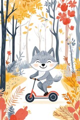 Cute wolf riding scooter in vibrant autumn forest with colorful leaves