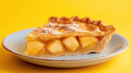 A freshly baked apple pie slice on a classic ceramic plate against a soft pastel yellow background