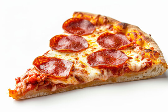 A close-up of a slice of pepperoni pizza with melted cheese, placed on a white surface JPG by Generative A.I.