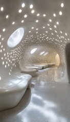 Serene, organic interior space with sculpted white seating and a perforated ceiling letting in soft light.