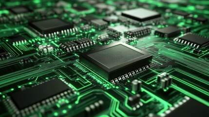 Fototapeta premium A futuristic factory producing microprocessors on a deep forest green background