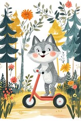 Cute cartoon wolf on scooter in vibrant forest with flowers and trees