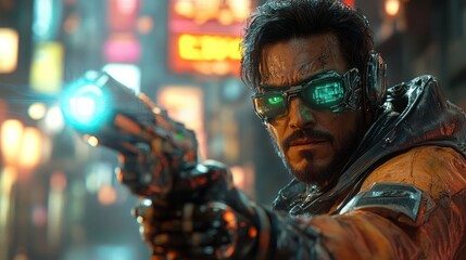 Futuristic urban scene featuring a cybernetic man aiming a glowing gun in a neon-lit alleyway