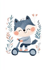 Cute cartoon wolf riding scooter surrounded by floral elements