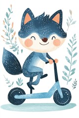 Cute cartoon fox riding scooter with leafy background illustration