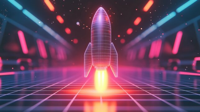 A glowing wireframe rocket launching against a cyberpunk-inspired neon grid - Powered by Adobe