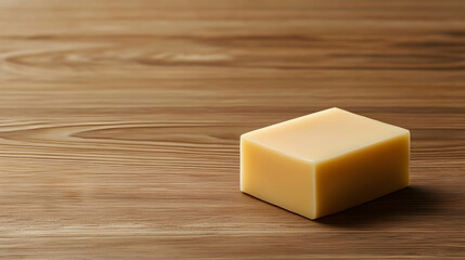 Single Cube Of Soap With Jagged Edges On Wooden Surface With Brown Wood Grain Background