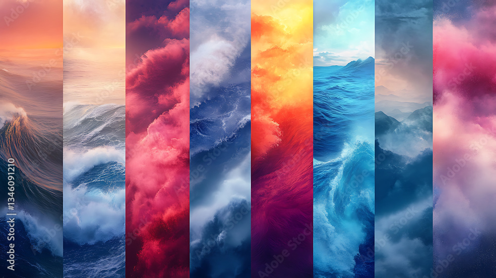 Poster vibrant ocean waves various colors and textures create stunning visual display. artwork captures dyn