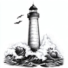 A lighthouse is shown in the middle of a large wave
