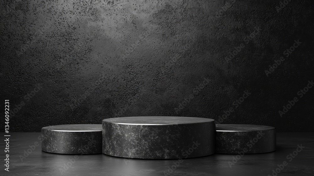 Poster a trio of smooth, circular podiums rests on a shadowy surface against a textured black backdrop, per