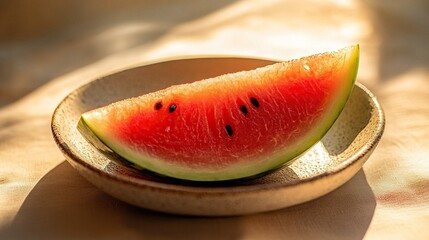 Vibrant watermelon slice on ceramic plate in sunlit setting
