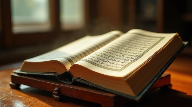 Open Quran on Wooden Stand with Breeze
