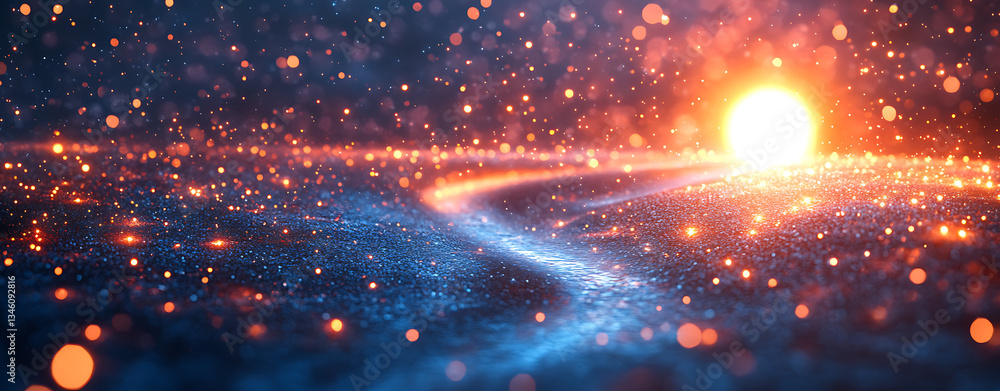 Poster glowing sunset illuminates winding path filled with shimmering particles, creating magical atmospher