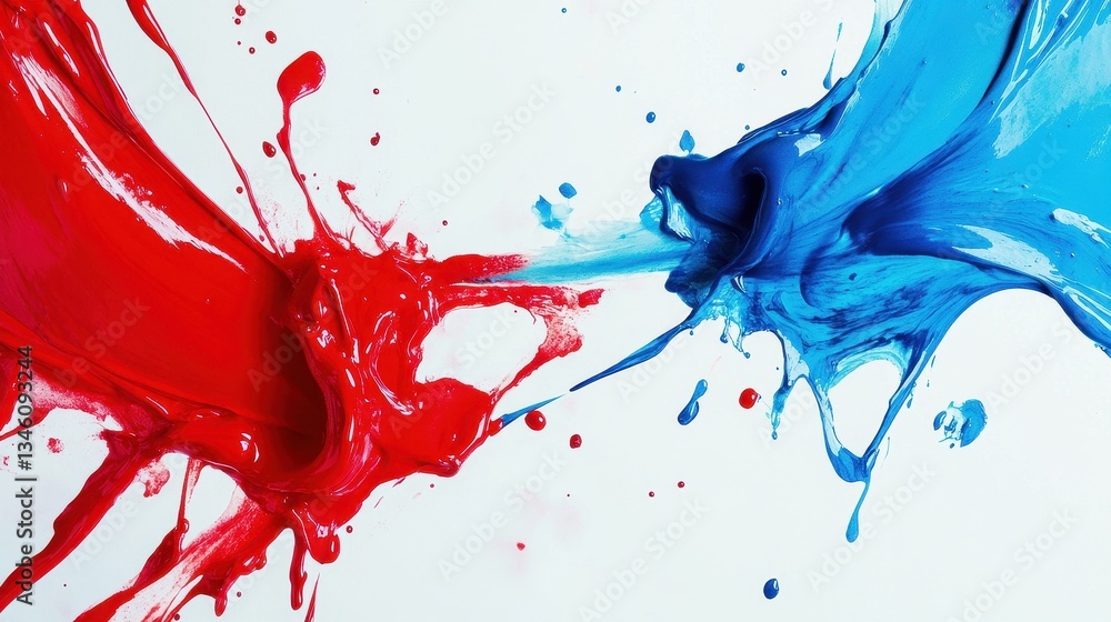 Aufkleber red and blue paint collide on white, creating dynamic abstract patterns. use this vibrant image to i