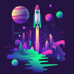 rocket soaring into space: planets, stars, and comets in a purple, green, and blue gradient color scheme, minimalistic and colorful design, perfect for posters, banners. Cosmonautics Day